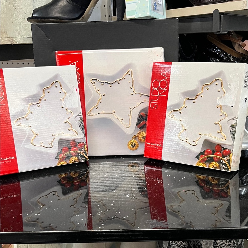 NEW Studio Nova 3pc set Holiday Candy Dishes White Star & Christmas Tree
